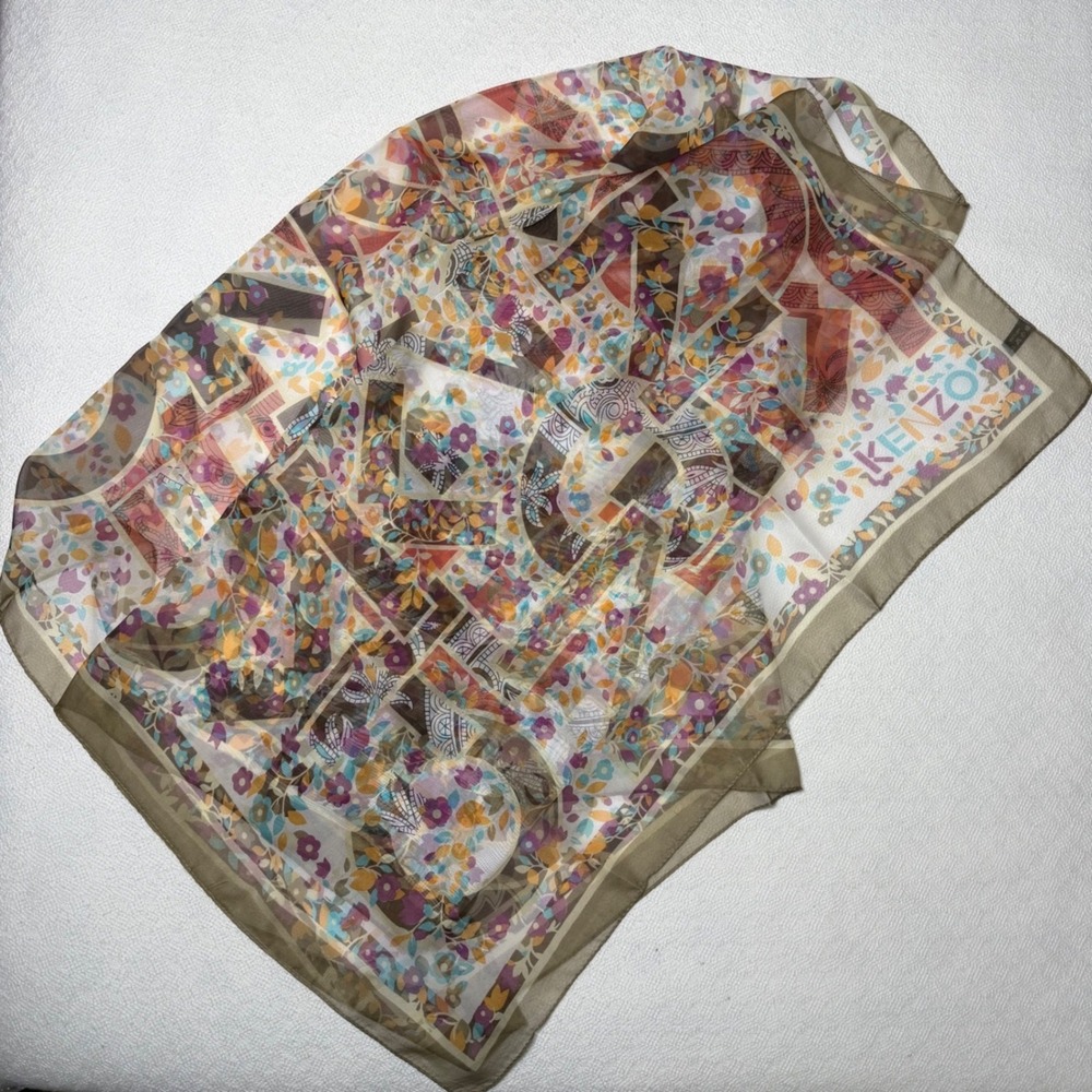 Kenzo Paris Silk Scarf Floral Logo Print Square Multicolor Olive Green 34x34